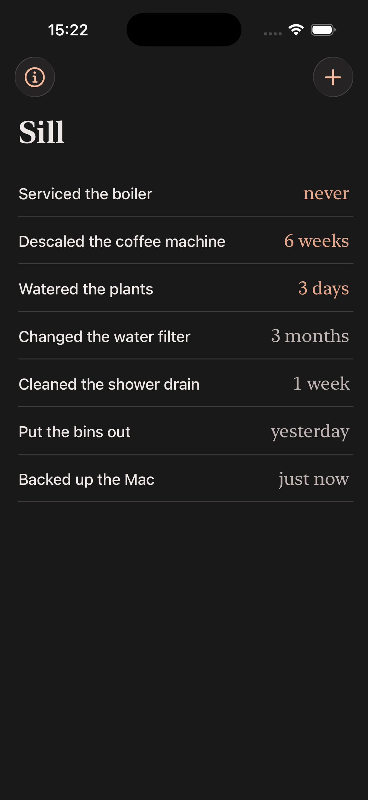 Sill on iPhone in dark mode, showing a list of household tasks with how long it has been since each was last done.
